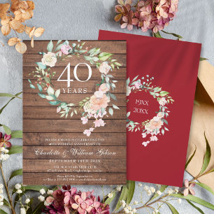 40e Ruby Wedding Jubileum Rustic Wood Floral Kaart
