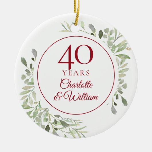 40e Ruby Wedding Jubileum Waterverf Greenery Keramisch Ornament (Voorkant)