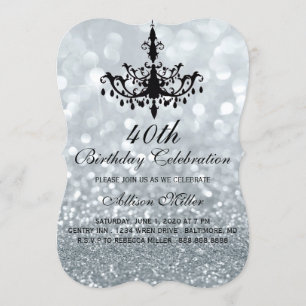 40e Silver Glam Chandelier Birthday Party Invite Kaart