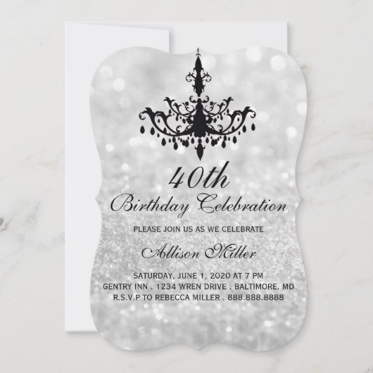 40e Silver Glam Chandelier Birthday Party Invite Kaart (Voorkant)