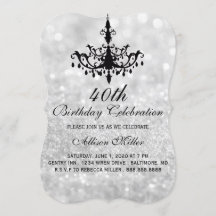 40e Silver Glam Chandelier Birthday Party Invite
