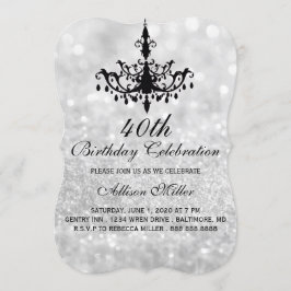 40e Silver Glam Chandelier Birthday Party Invite Kaart
