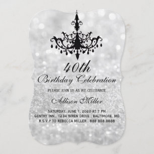 40e Silver Glam Chandelier Birthday Party Invite Kaart
