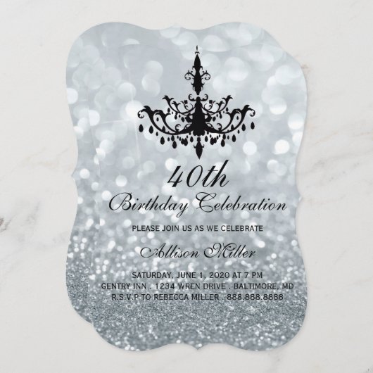 40e Silver Glam Chandelier Verjaardagsfeest Uitnod Kaart (Voorkant / Achterkant)