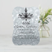 40e Silver Glam Chandelier Verjaardagsfeest Uitnod Kaart (Staand voorkant)