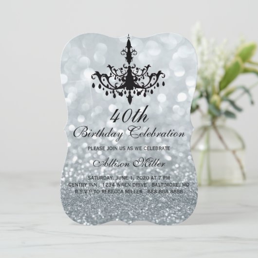 40e Silver Glam Chandelier Verjaardagsfeest Uitnod Kaart (Staand voorkant)