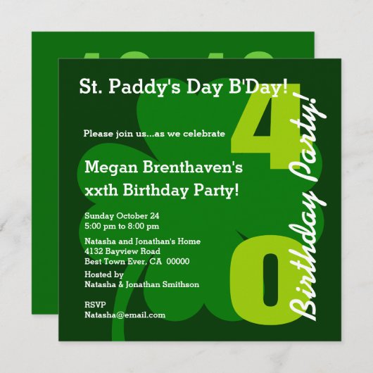 40e ST PATRICK Birthday Party Shamrock A02 Kaart (Voorkant / Achterkant)