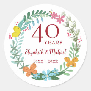 40e trouwdag jubileum Robijnen Bloemen Vlinder Ronde Sticker