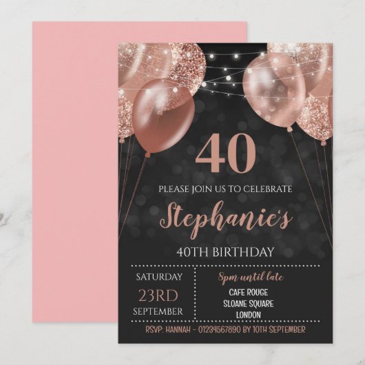 40e uitnodigen Roos Gold Invitation Kaart (Voorkant / Achterkant)