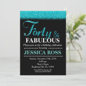 40e uitnodiging van Birthday turquoise glitter (Staand voorkant)