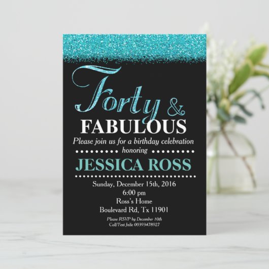40e uitnodiging van Birthday turquoise glitter (Staand voorkant)