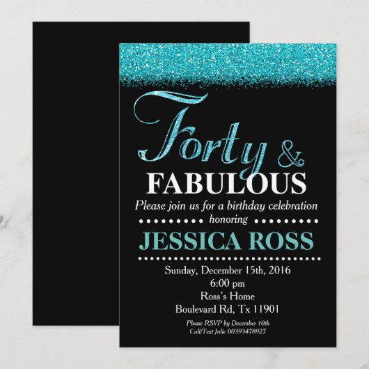40e uitnodiging van Birthday turquoise glitter (Voorkant / Achterkant)