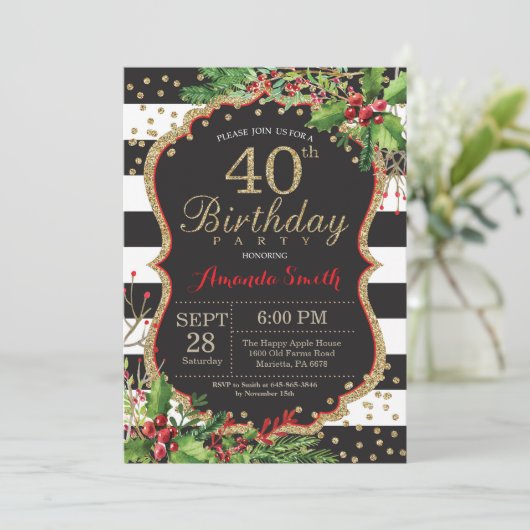 40e uitnodiging van de verjaardag. Kerstrood zwart (Staand voorkant)
