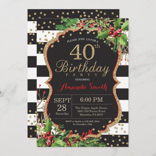 40e uitnodiging van de verjaardag. Kerstrood zwart (Voorkant / Achterkant)