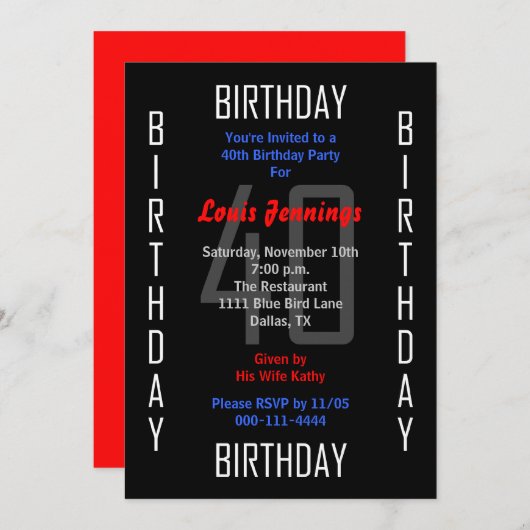 40e Uitnodiging voor verjaardagsfeestje 40 (Voorkant / Achterkant)