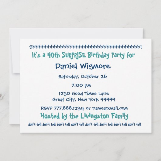 40e URPRISE Birthday Party Blue en Aqua B400 Kaart (Achterkant)