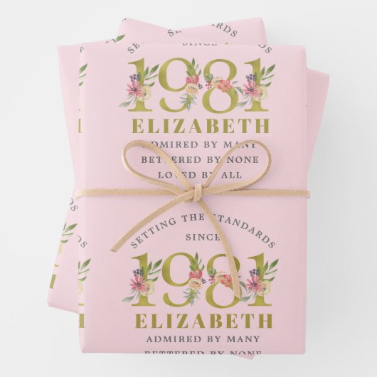 40e verjaardag 1981 roze goudflora op persoonlijke inpakpapier vel (In situ)