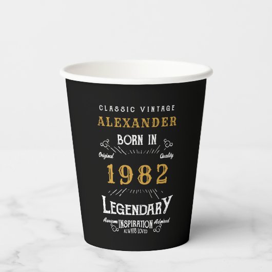 40e verjaardag 1982 Black Gold Add Name Retro Papieren Bekers (Achterkant)
