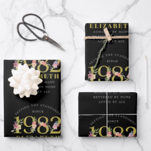 40e Verjaardag 1982 Zwart Goud Bloemen Gepersonali Inpakpapier Vel
