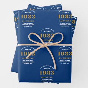 40e verjaardag 1983 Blue Gold Chic Elegant Inpakpapier Vel