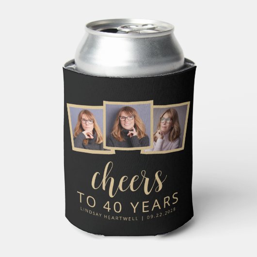 40e Verjaardag 3-Foto Zwart Goud Script Cheers Blikjeskoeler (Blikje Voorkant)
