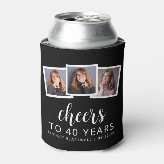 40e verjaardag 3-foto zwart wit script juichen blikjeskoeler (Blikje Voorkant)