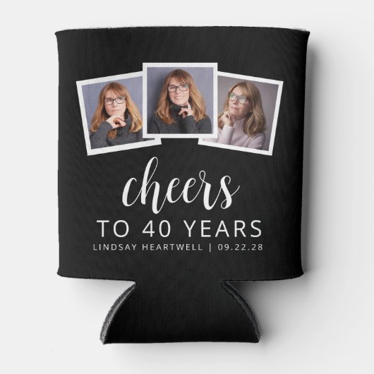 40e verjaardag 3-foto zwart wit script juichen blikjeskoeler (Voorkant)