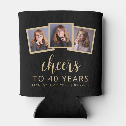 40e verjaardag 3-foto zwart wit script juichen blikjeskoeler (Achterkant)