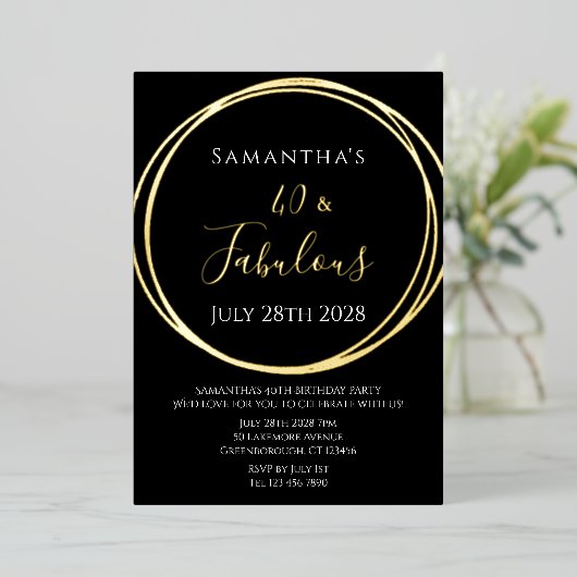 40e verjaardag 40 en fantastisch zwart goud folie uitnodiging (Staand Voorkant)
