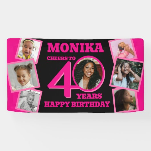 40e verjaardag 7 foto's naam roze zwart spandoek (Horizontaal)