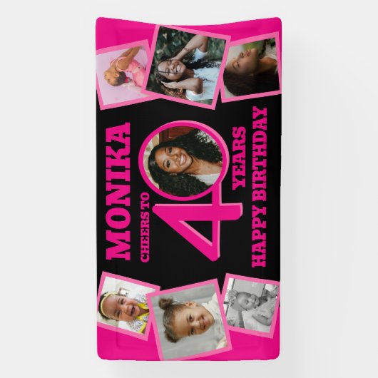 40e verjaardag 7 foto's naam roze zwart spandoek (Verticaal)