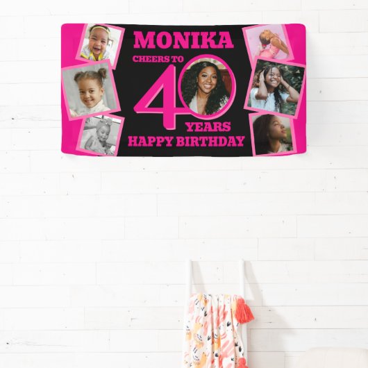 40e verjaardag 7 foto's naam roze zwart spandoek (Insitu)