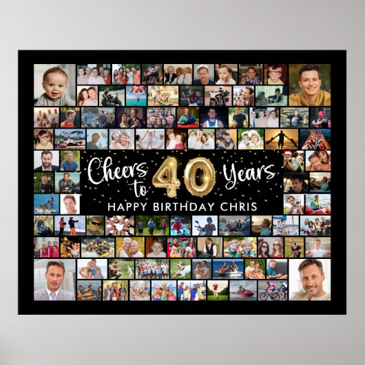 40e verjaardag 92 foto's zwart goud juichen voor h poster (Voorkant)