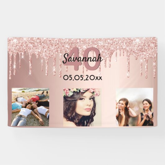 40e verjaardag aangepaste foto roos gouden roze gl spandoek (Horizontaal)