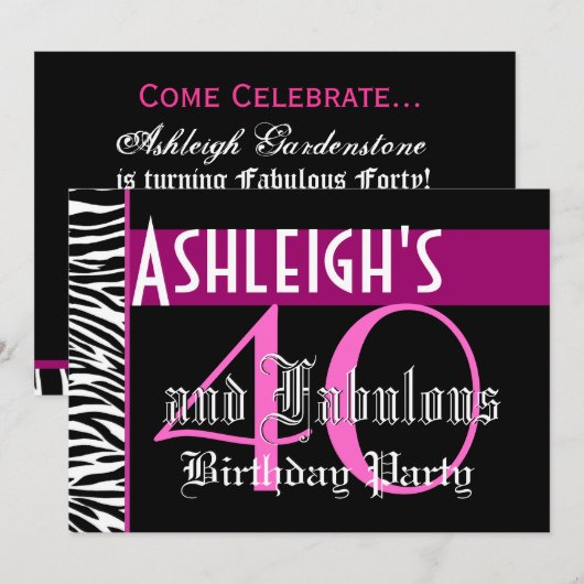 40e verjaardag Aangepaste Sjabloon - Zebra roze zw Kaart (Voorkant / Achterkant)