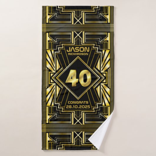 40e verjaardag Art Deco Gold Black Grote Gatsby Badhanddoek (Badhanddoek)