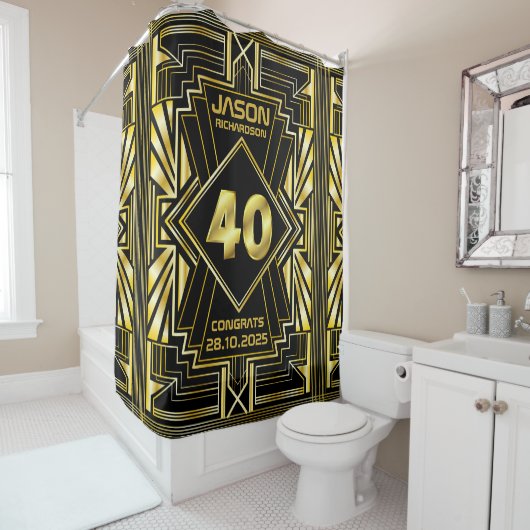 40e verjaardag Art Deco Gold Black Grote Gatsby Douchegordijn (In situ)