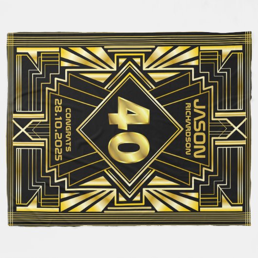 40e verjaardag Art Deco Gold Black Grote Gatsby Fleece Deken (Voorkant (Horizontaal))
