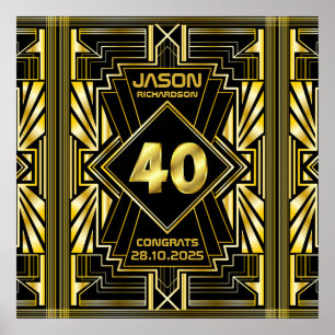40e verjaardag Art Deco Gold Black Grote Gatsby Poster