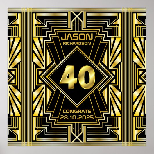 40e verjaardag Art Deco Gold Black Grote Gatsby Poster (Voorkant)
