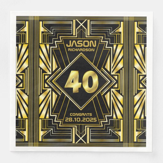 40e verjaardag Art Deco Gold Black Grote Gatsby Servet (Voorkant)