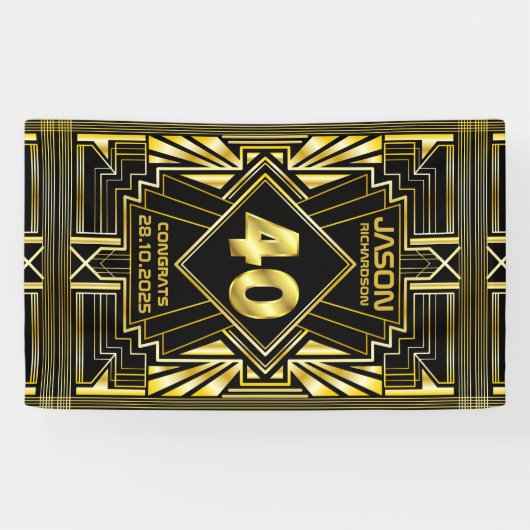 40e verjaardag Art Deco Gold Black Grote Gatsby Spandoek (Horizontaal)