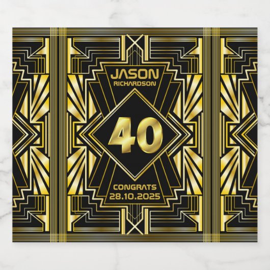 40e verjaardag Art Deco Gold Black Grote Gatsby Sparkling Wijnetiket (Enkel label)