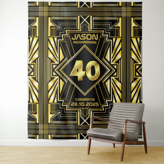 40e verjaardag Art Deco Gold Black Grote Gatsby Wandkleed (In situ)