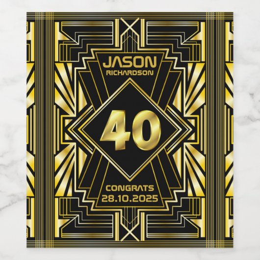 40e verjaardag Art Deco Gold Black Grote Gatsby Wijn Etiket (Enkel label)