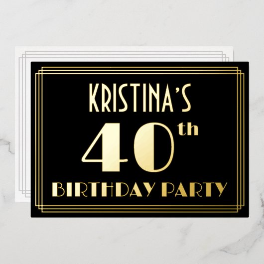 40e verjaardag: Art Deco Kijk "40", met naam Folie Uitnodiging (Voorkant / Achterkant)