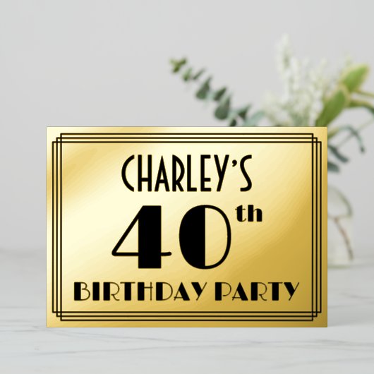40e verjaardag — Art Deco look "40" + naam Folie Uitnodiging (Staand Voorkant)