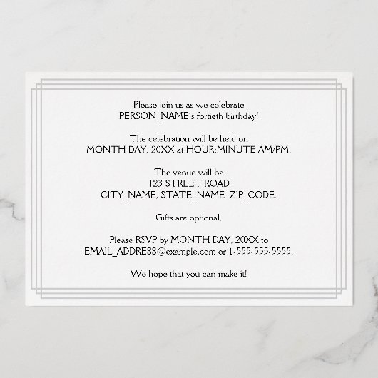 40e verjaardag — Art Deco Style "40" en naam Folie Uitnodiging (Achterkant)