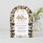 40e verjaardag ballon Gold Black Sparkle Invitatio Kaart (Staand voorkant)