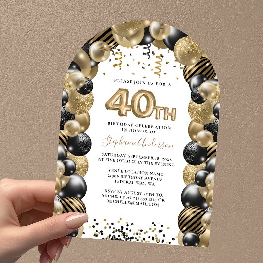 40e verjaardag ballon Gold Black Sparkle Invitatio Kaart